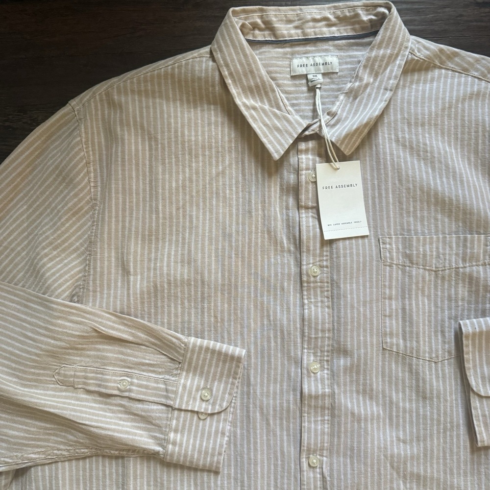 NWT Free Assembly Men 3XL Linen Blend Button Down Shirt Striped Tan White Casual